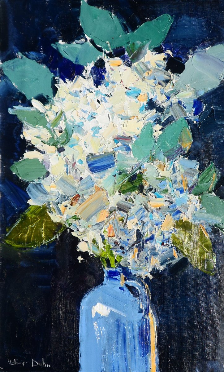 Expressive Botanical Oil Painting By Yehor Dulin, 12 X 20", " Hydrangea", Original Artwork