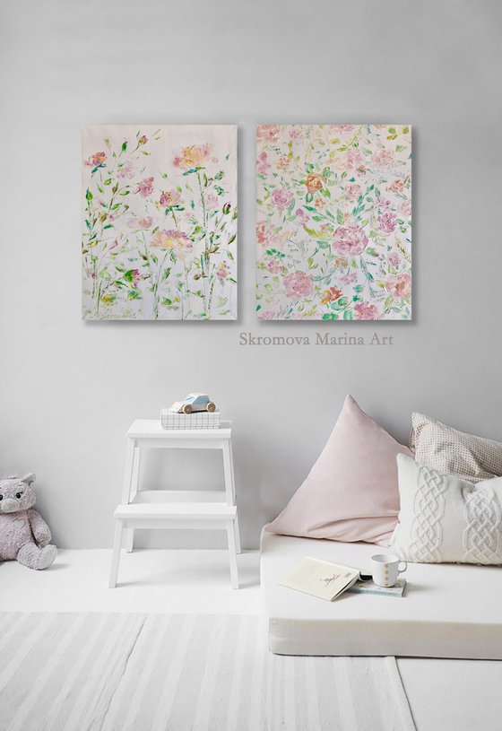 ROSES COUPLE- Set. Diptych. Little Roses. Pink flowers. Roses on white. Pink roses. Buds. Pretty flowers. Provence.