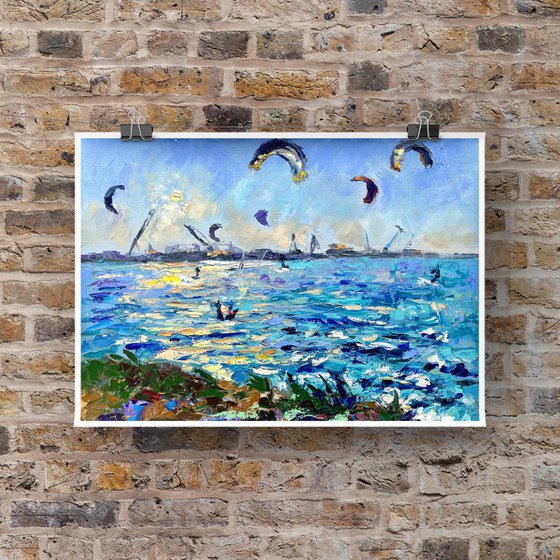 Kitesurfing - Сatch before sunset, 47*37cm, impressionistic oil impasto landscape painting