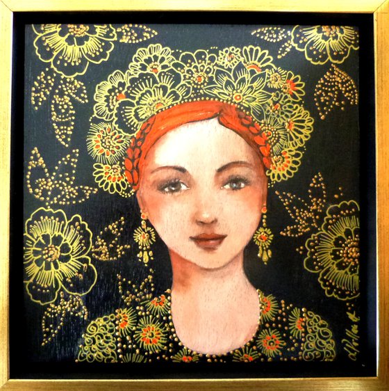 Slavic song. Female redhead icon on wooden panel 20 x 20 cm and frame.