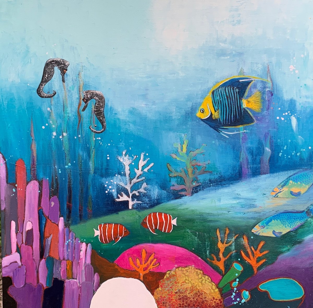 Impressionistic Landscape Acrylic Painting By Laure Bury, 31 X 31", Coral Reef, Original Artwork