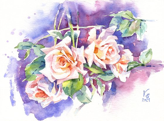 "Purple garden twilight. Orange roses and intertwining branches"  original watercolor