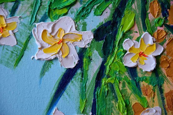 Hawaiian abstract flowers round acrylic and oil painting