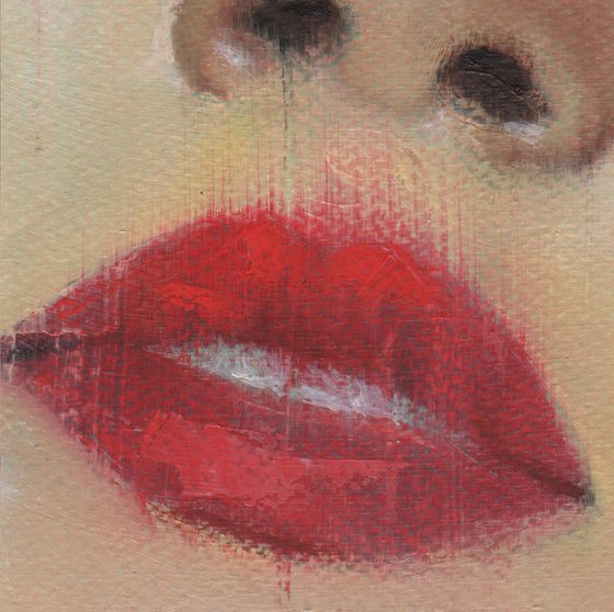 Sophia - beauty oil painting of women female on paper red makeup closeup