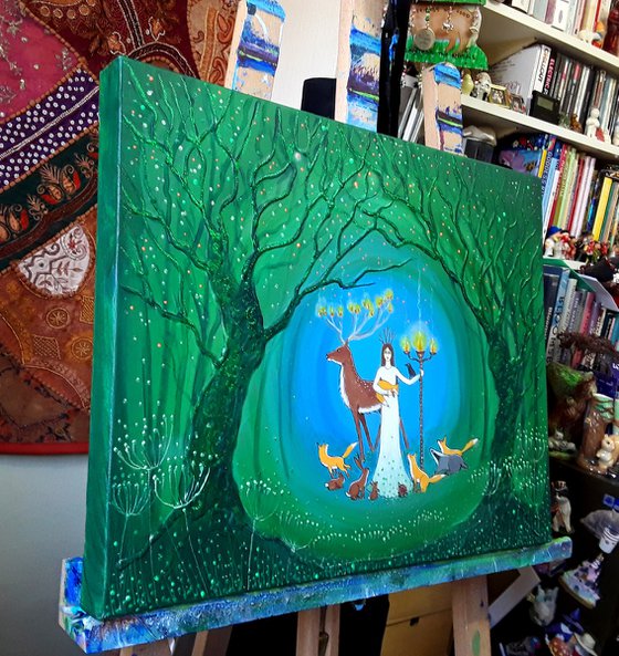 Bringers of Light - Goddess Painting - Mystical Art - Enchanted Forest - Woodland Animals - Pagan Art