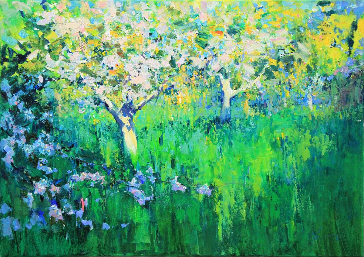 Impressionistic Landscape Oil Painting By Serhii Cherniakovskyi, 33 X 24", Spring Garden, Original Artwork