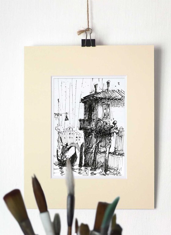 Gondola Ride Venice. Original Ink Drawing