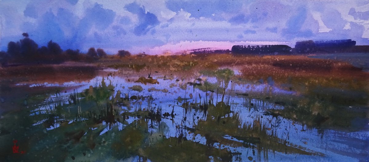 Impressionistic Landscape Watercolour By Maksym Kisilov, 20 X 8", ,,Water,,, Original Artwork