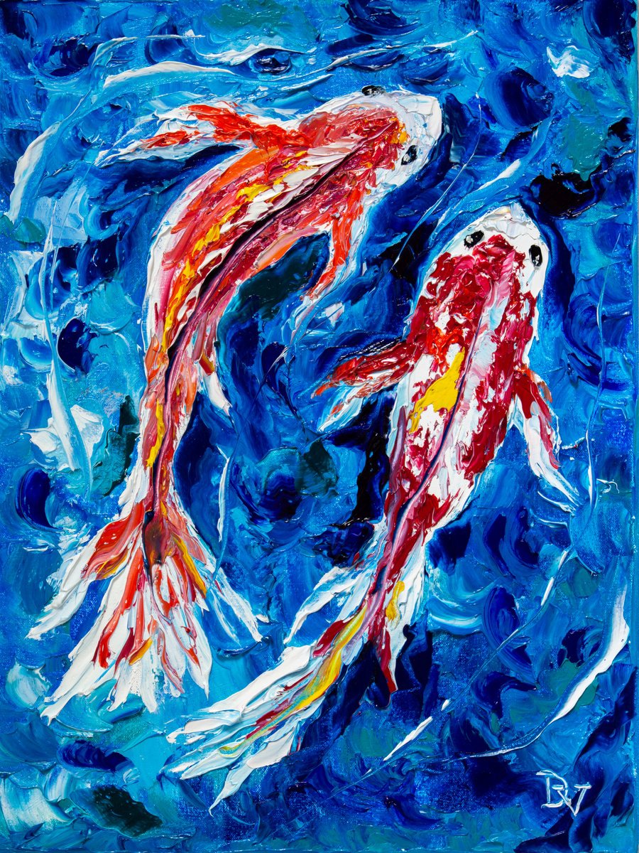 Impressionistic Animal Oil Painting By Vladyslav Durniev, 12 X 16", Red Fishes, Original Artwork