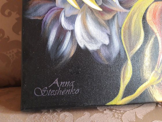"Night magic", floral lily painting, flowers art, gold black background