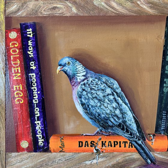 Bookshelf with birds