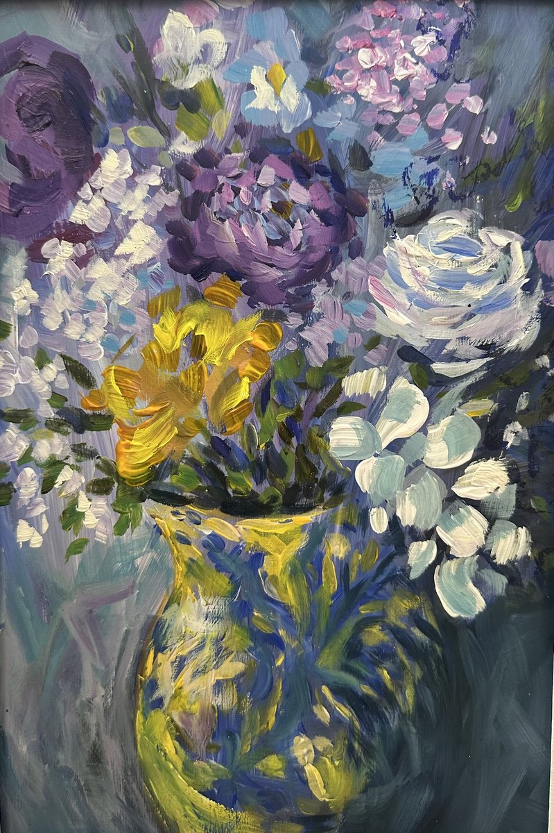 Impressionistic Botanical Oil Painting By Clare Hoath, 14 X 17, Purple And White Rose Bouquet, Original Artwork