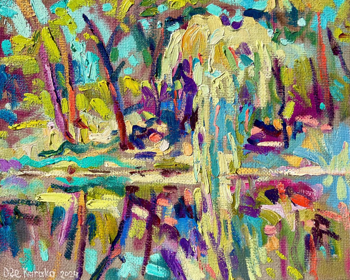 Impressionistic Landscape Oil Painting By Ole Karako, 20 X 16", Willow Over Water, Original Artwork