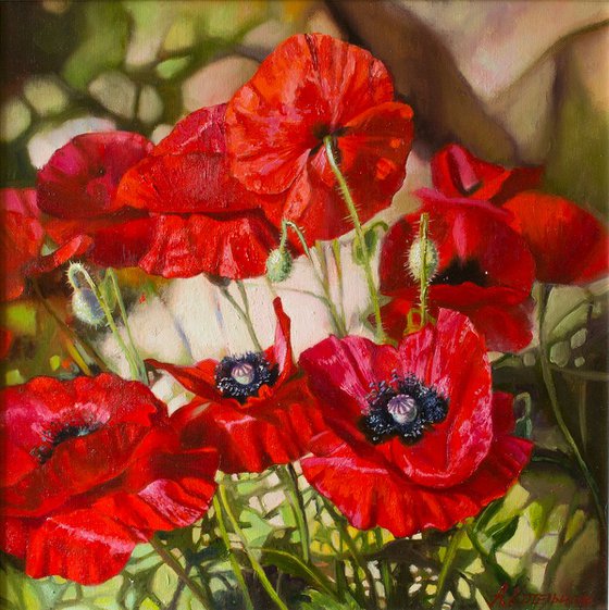 "Scarlet flashes"  flower  poppies summer liGHt original painting  GIFT (2018)