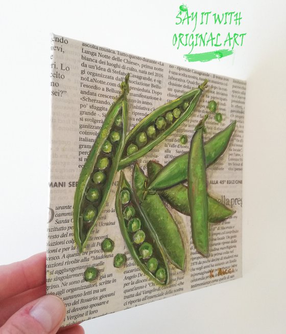 "Pea Pods on Newspaper" Original Oil on Canvas Board Painting 6 by 6 inches (15x15 cm)