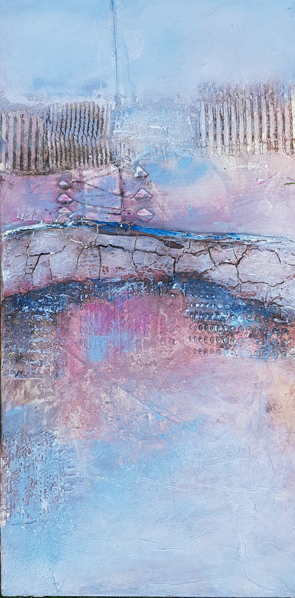 Expressive Landscape Painting By Els Driesen, 16 X 31, Landscape In Blue, Original Artwork