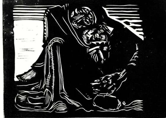 Tod mit Frau im Schoss - Linoprint inspired by Kaethe Kollwitz