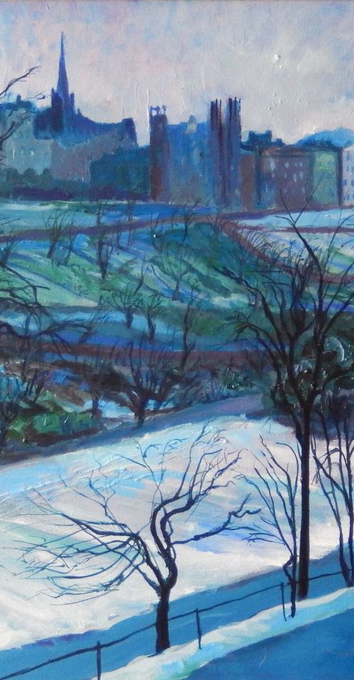 Edinburgh Castle from Princes Street, Edinburgh, Winter. by Stephen Howard Harrison