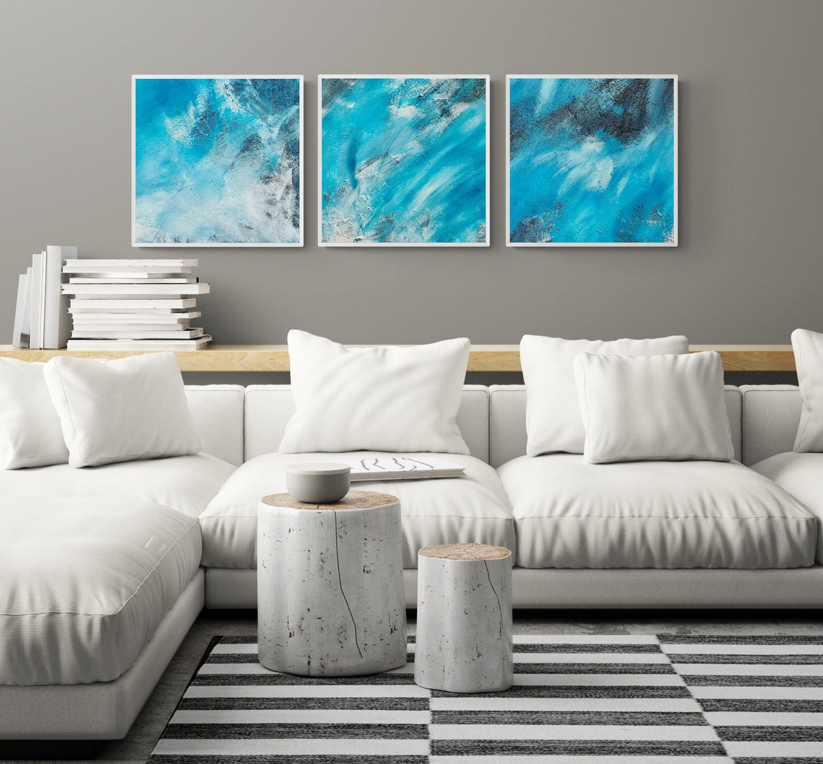 Abstract Landscape Acrylic Painting By Anita Kaufmann, 47 X 16, Blue Abstract No. 5221 Set 3, Original Artwork