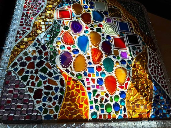 Colorful Dreams - Stained glass window backlight wall sculpture with Precious stones. Decorative colorful mosaic painting, glass art Lamp