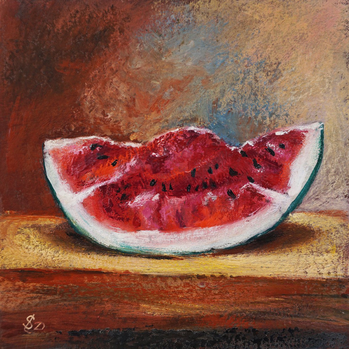 Melon slices (hot wax on greyboard) by Dora Stork