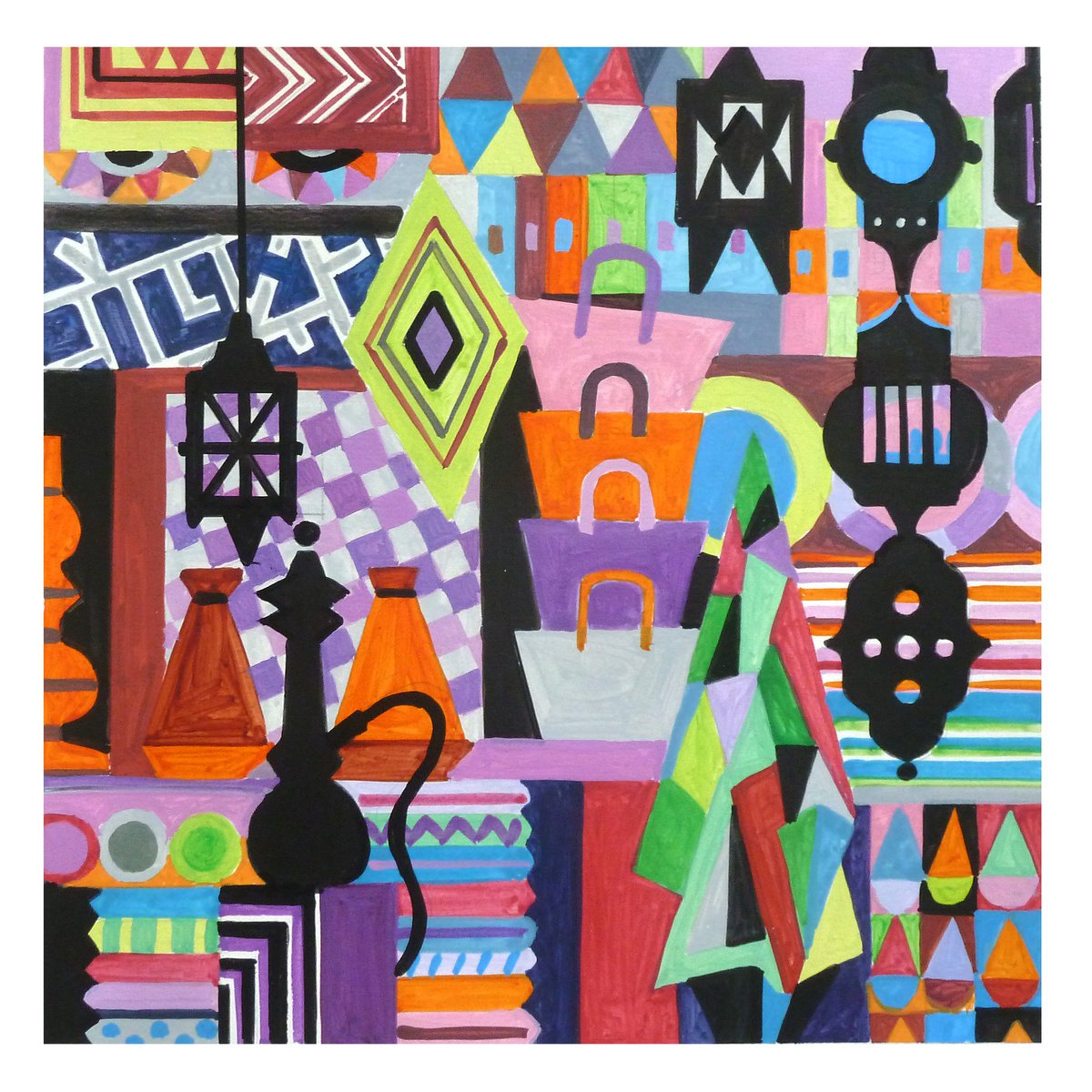 Graphic Acrylic Painting , Marrakesh-Souk_01 By Andre Baldet, 13 X 13, Artwork For Sale On Artfinder