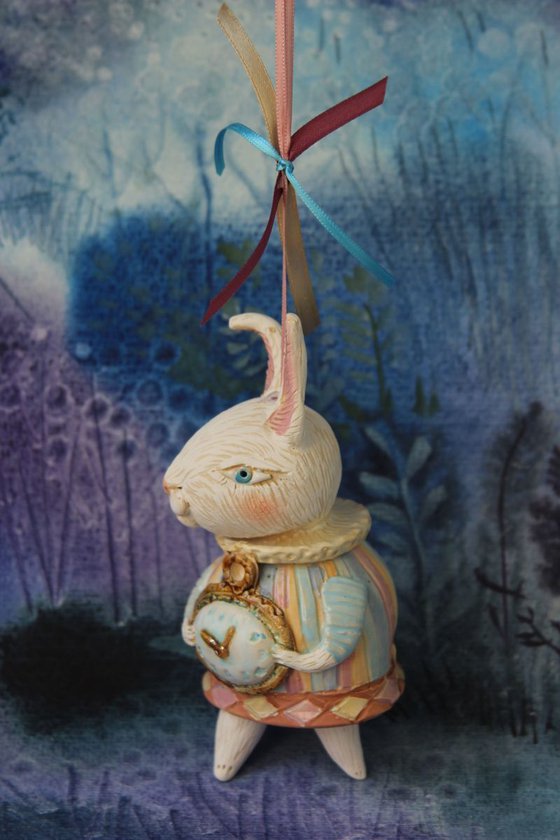 Little rabbit in harlequin dress. Hanging sculpture, bell doll by Elya Yalonetski