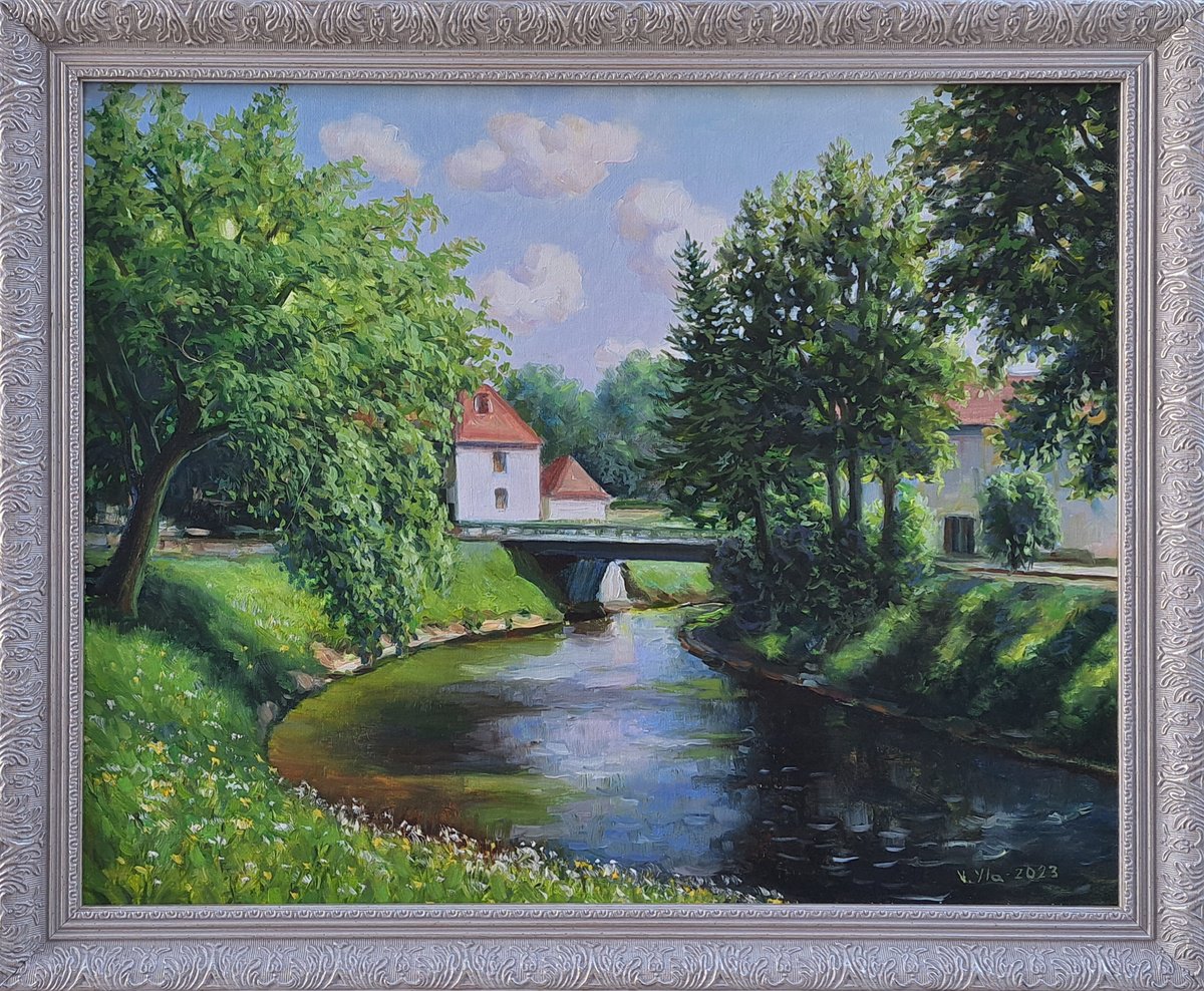 Photorealistic Cityscapes Oil Painting By Valentinas Yla, 22 X 19", The Bridge, Original Artwork