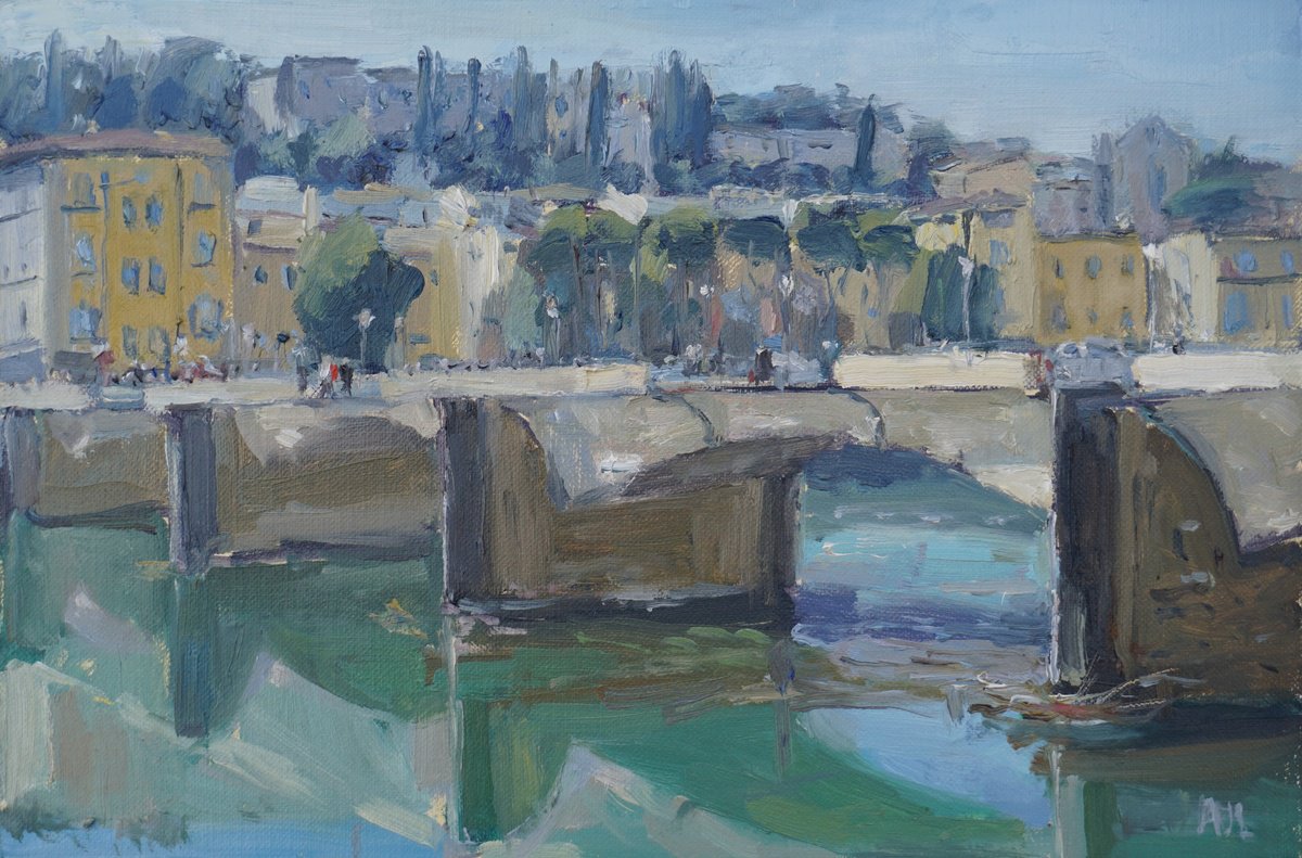Impressionistic Cityscapes Oil Painting By Alex James Long, 12 X 8, Ponte Alle Grazie, Florence, Original Artwork