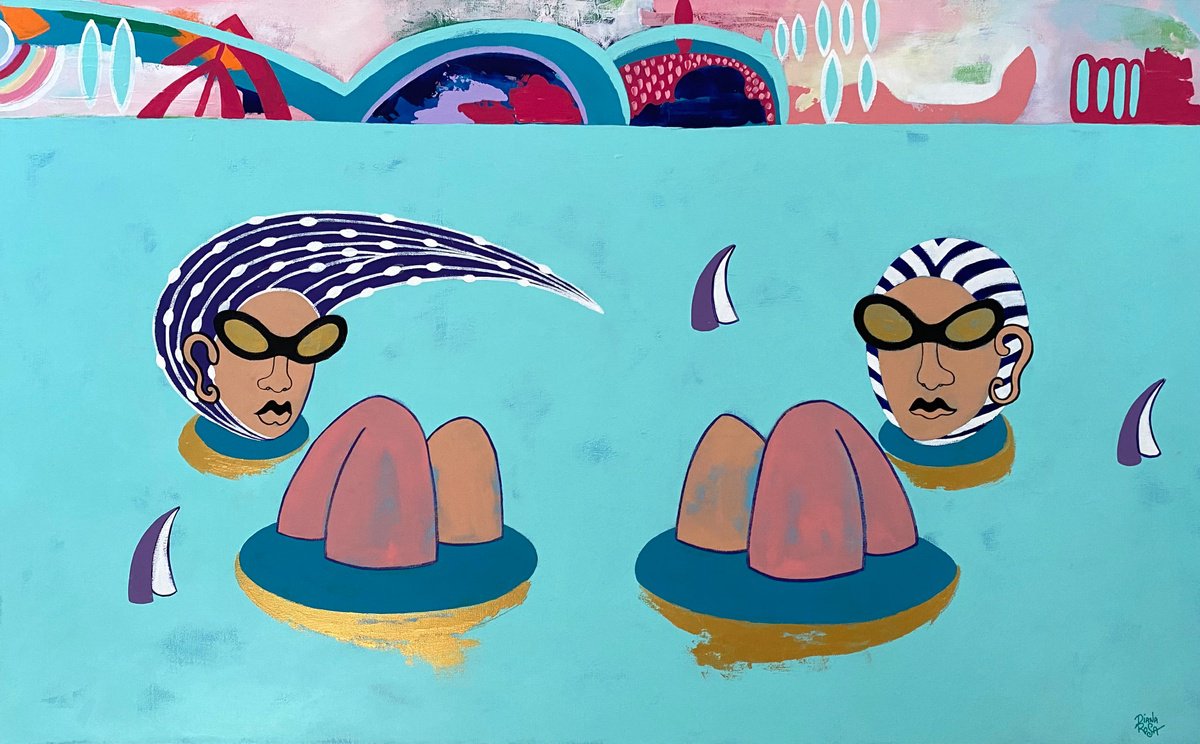 Surrealistic Portrait Acrylic Painting By Diana Rosa, 48 X 30, Never Alone. Swimmers, Original Artwork