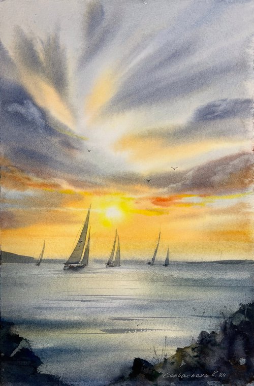 Yachts at sunset #16 by Eugenia Gorbacheva