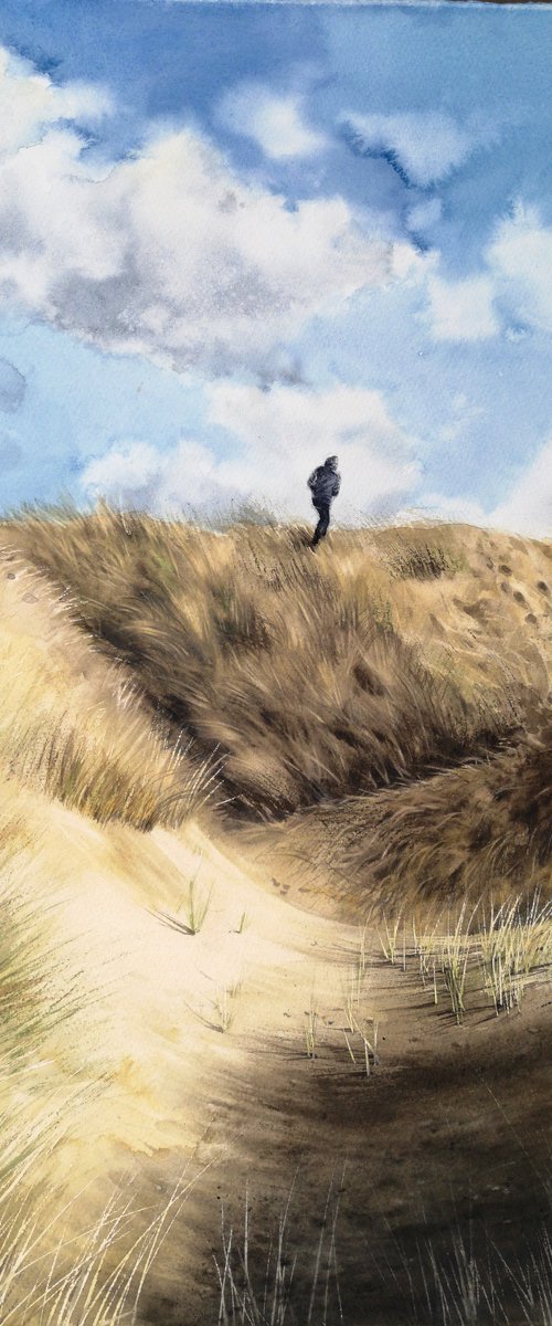 Walk in the Dunes Windy Day by Olga Beliaeva Watercolour