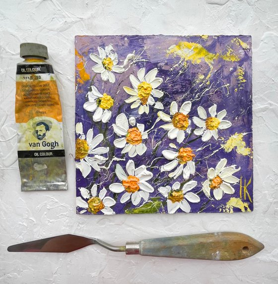 Daisy Painting Impasto Original Art Chamomile Flowers Oil Artwork Floral Wall Art 6 by 6  in