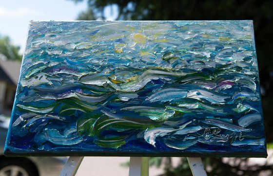 Original Oil Painting with Palette knife on canvas - water, ocean, blue, sea, Impressionist Roling Blue Sea Waves   (11”X 17”X0.5")