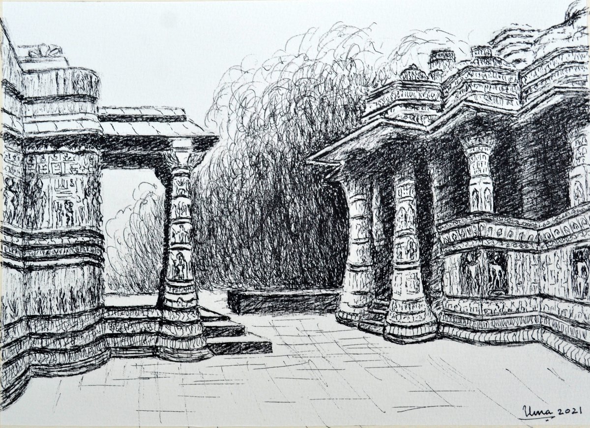 Sun Temple, Modhera, India 3 Ink drawing by Uma Krishnamoorthy | Artfinder