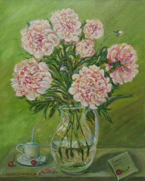 Peonies and Coffee with a Love Message Contemporary Classical Floral Fine Art Work for a Mother or a Girlfriend by Katia Ricci