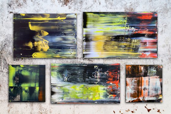 "Not F@%kin Around" - Save As A Series - Original PMS Large Abstract Polyptych Acrylic Paintings On Hand Stretched Canvas and Reclaimed Wooden Panels - 56.25" x 34"