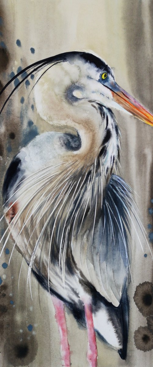 Dapper Grey heron by Olga Beliaeva Watercolour