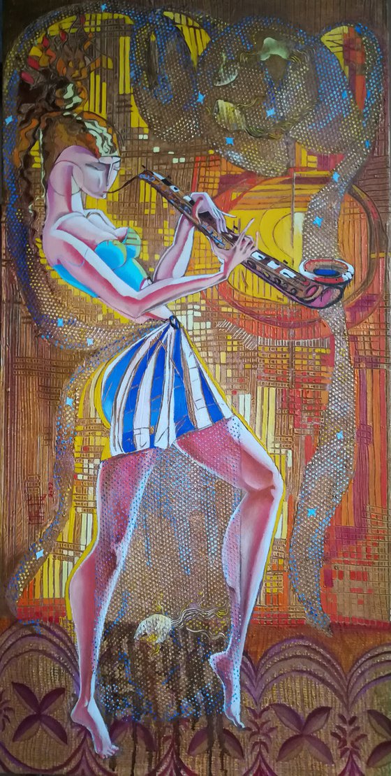 Saxophonist (40x80cm, oil/canvas, ready to hang)