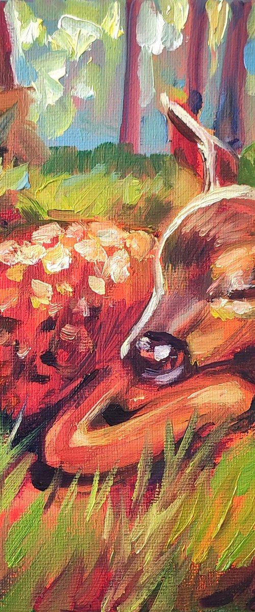 Cute Sleeping Fawn. Oil Painting by Natalia Miasnikova