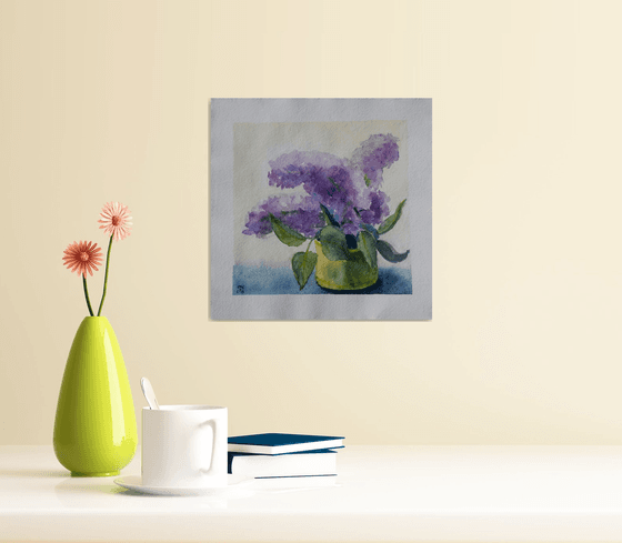 Lilac flowers original watercolor painting on craft paper, Botanical still life, romantic postcard