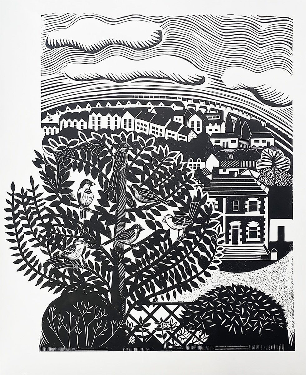 Expressive Linocut , Sparrows In Stroud By Amanda Ribbans, 15 X 19, Artwork For Sale On Artfinder
