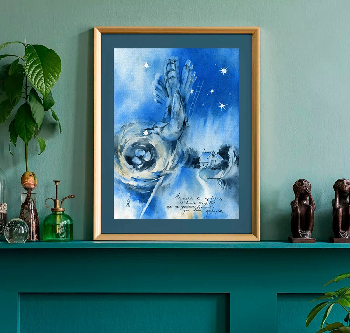 Night original watercolour fairy tale painting in blue tones by Ksenia Selianko