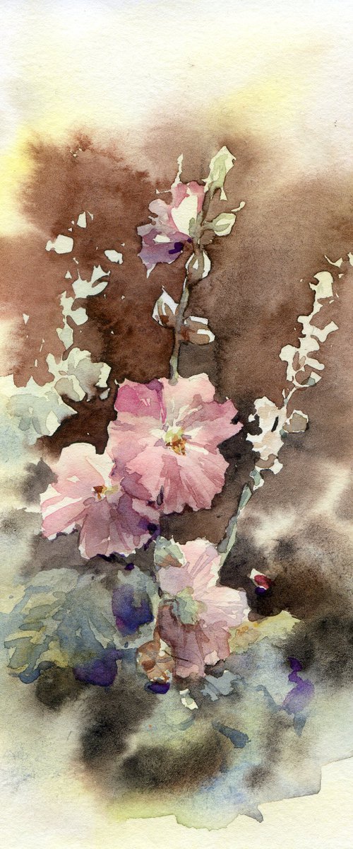 Pink Hollyhocks, Small watercolor art, Wild mallow flowers gift by Yulia Evsyukova