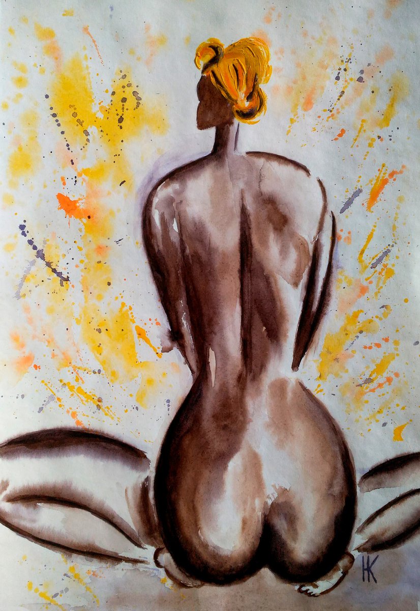 Nude Painting Woman Original Art African Queen Watercolor Female Nude Home  Wall Art 12 by 17