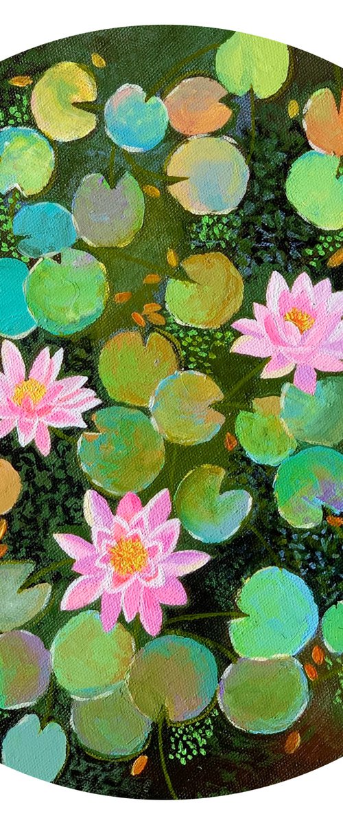 Pink water lilies pond! 12 inches round canvas and ready to hang by Amita Dand