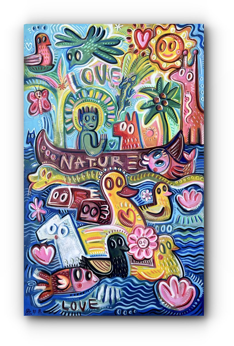 Expressive Animal Acrylic Painting By Angel Rivas, 35 X 57, Day On The River, Love Nature, Original Artwork