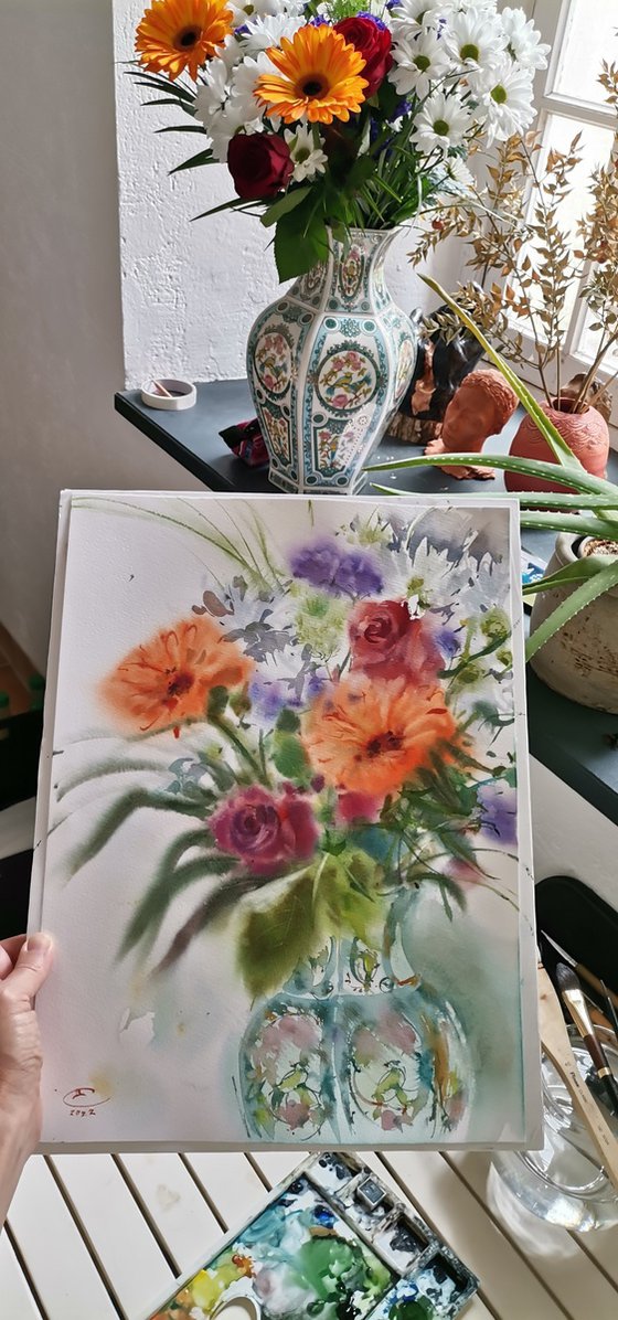 Bright bouquet in a Chinese vase.