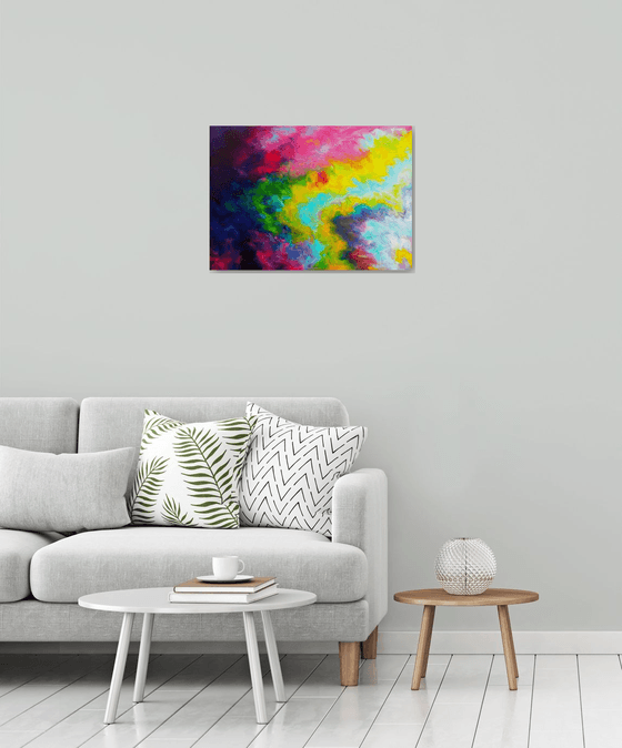 Abstract Art Colourful Expressive Painting Rainbow Waves Blue Pink Yellow Red