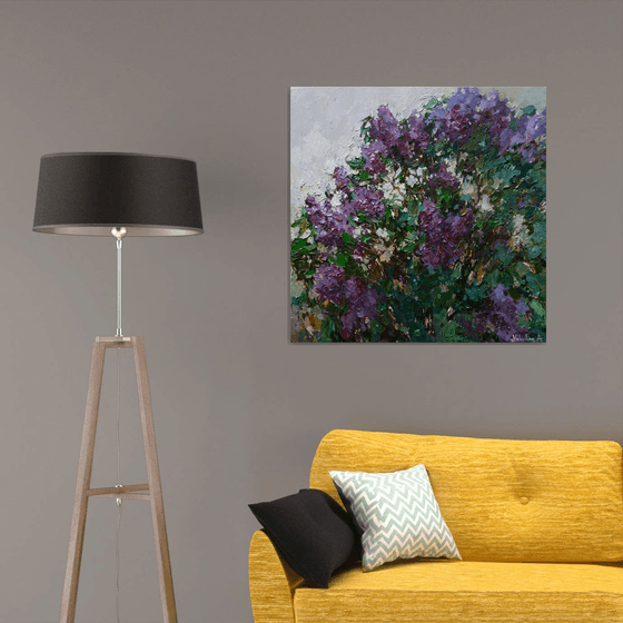 Blooming purple lilacs Original oil painting 90 x 90 cm